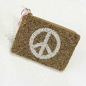 NWT Tiana NY Hand Beaded 'Peace Out' Gold and Ivory Zippered Case